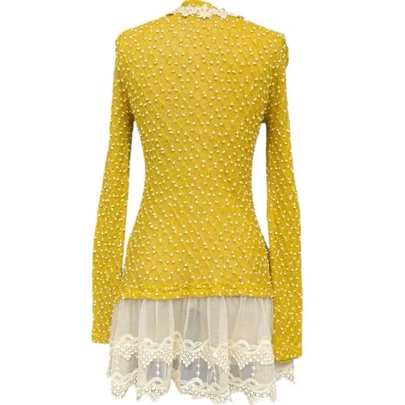 A’reve Mustard Yellow Lace Floral Ruffle Hem Cardigan Tunic Size Medium - Picture 5 of 11